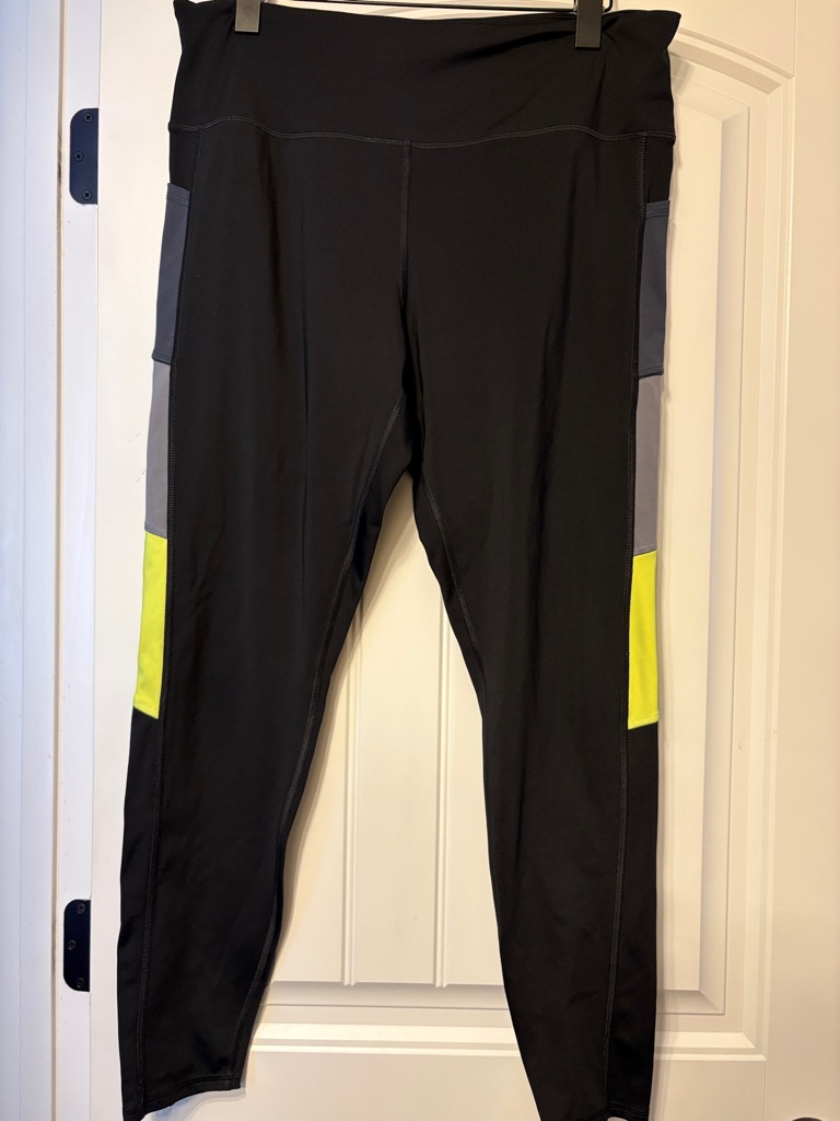 Women's High-Waist Black Leggings With Reflective Gray And Neon Yellow Panels